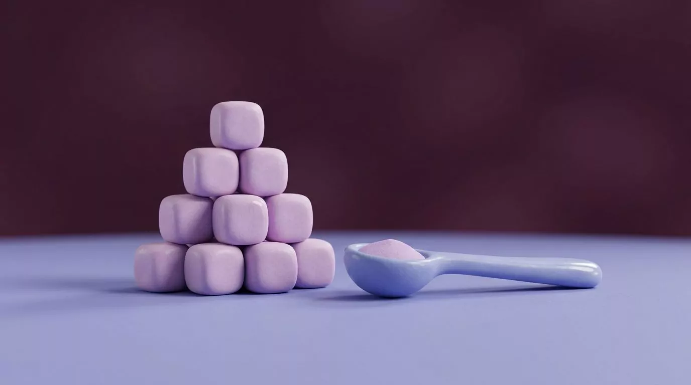 Stacked sugar cubes beside a spoon, showing daily sugar intake by age in teaspoons