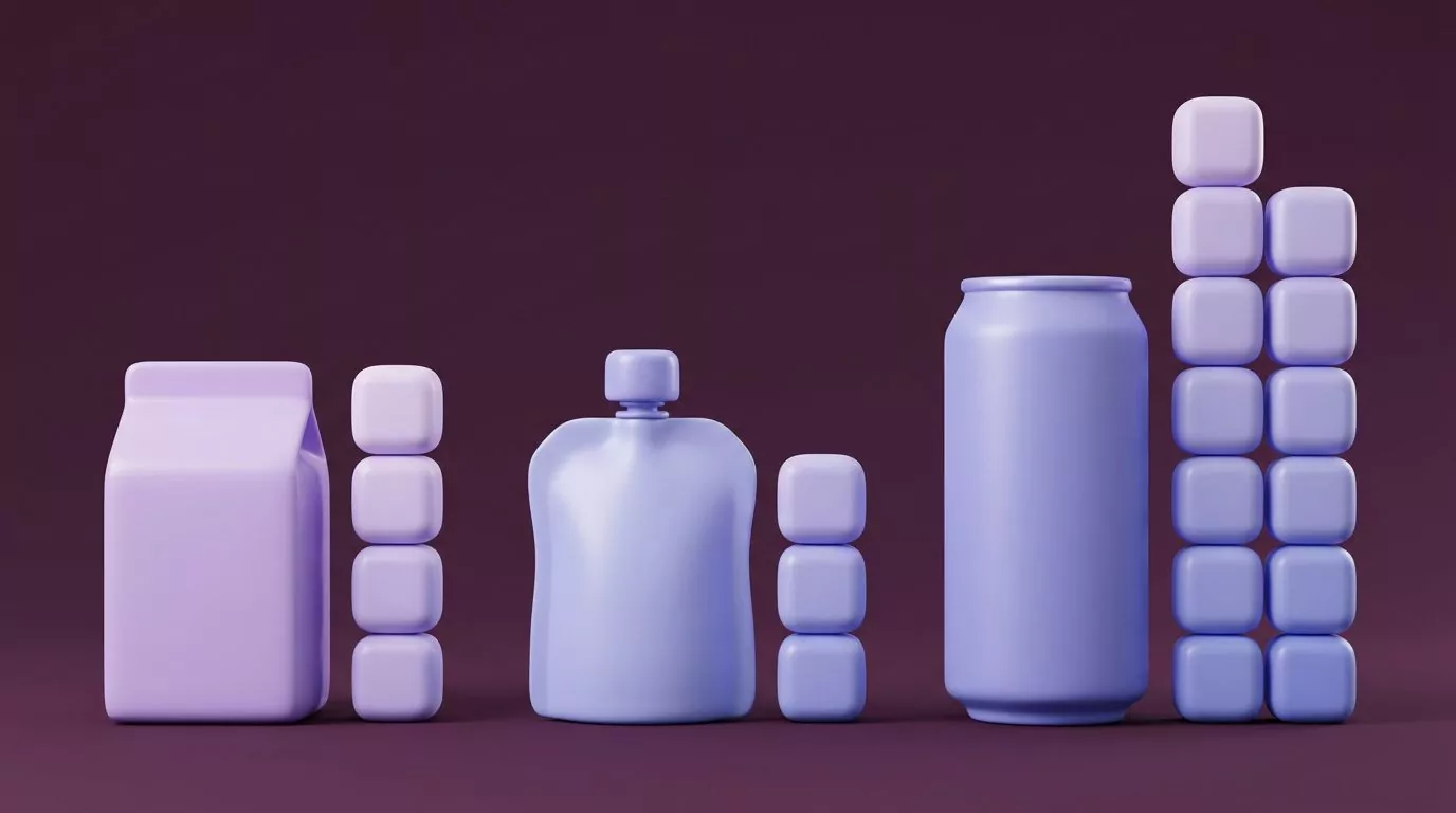 Juice box, yogurt pouch and soda can each next to a sugar cube stack showing how much sugar kids drink