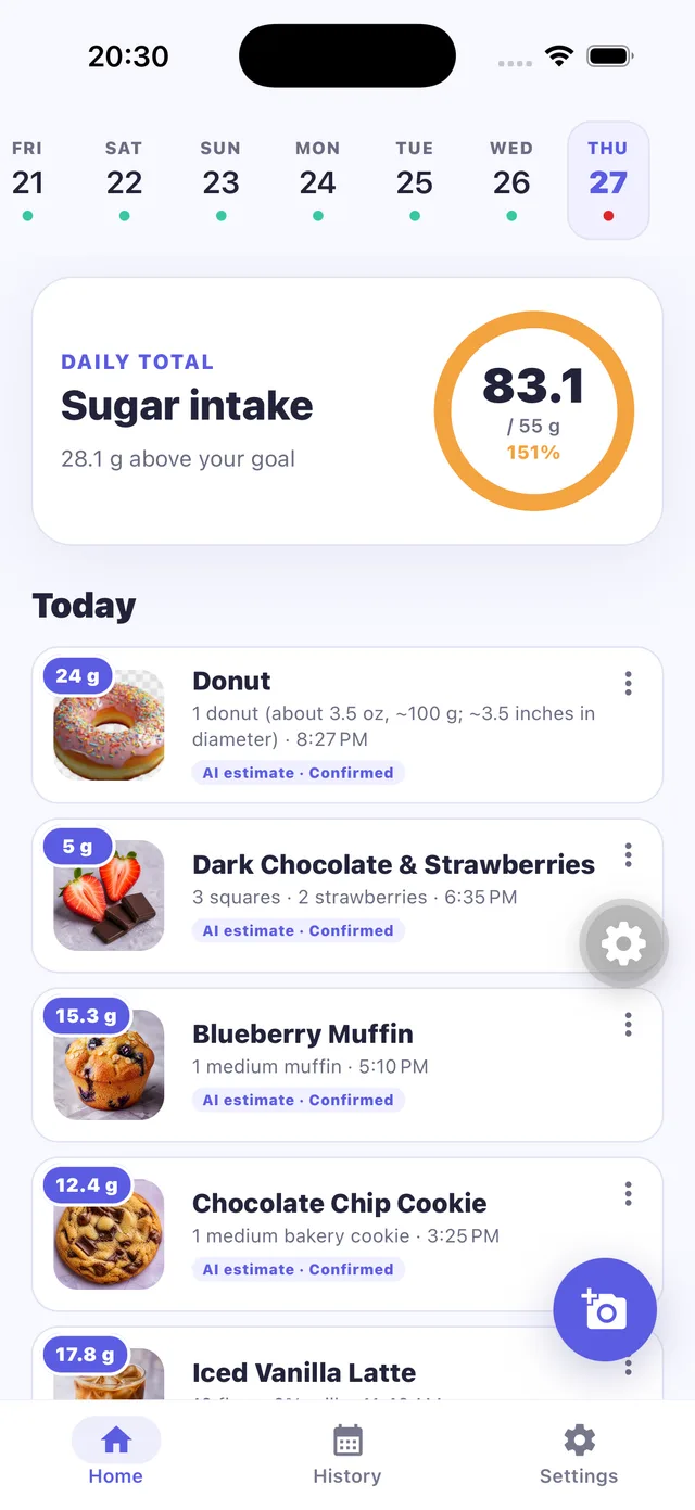 The app's home screen: daily total 83.1 of 55 grams of sugar (151% of goal), and today's log — donut 24 g, dark chocolate and strawberries 5 g, blueberry muffin 15.3 g, chocolate chip cookie 12.4 g — each photo-logged with a confirmed AI estimate